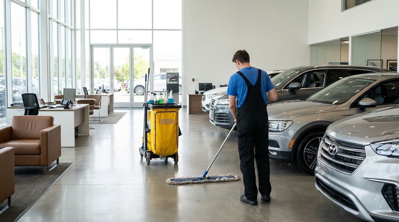 Person in blue shirt and overalls mops bright car showroom floor with parked cars and cleaning cart nearby