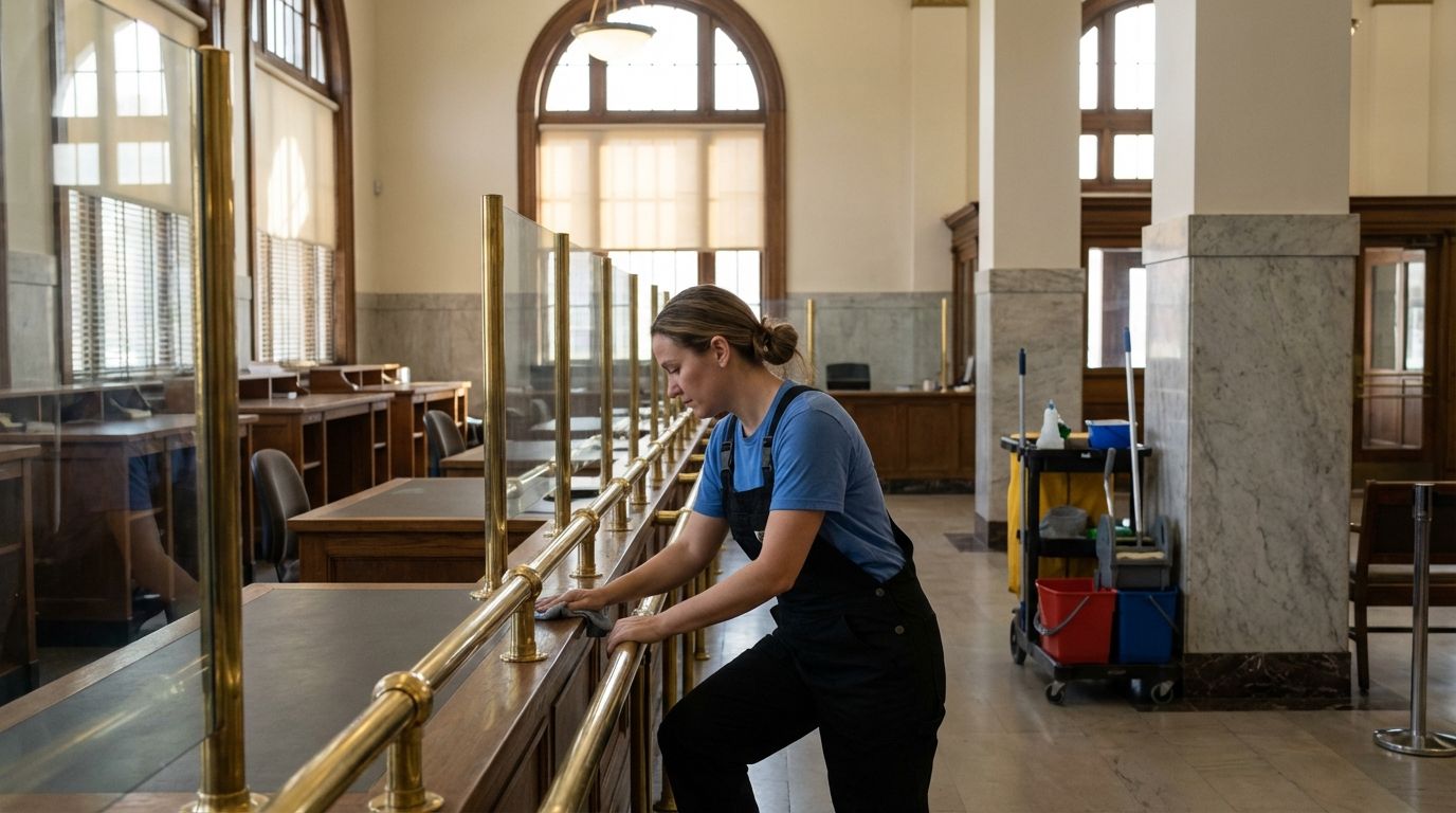 Person in blue shirt cleans brass railing in bright bank interior with windows counters nearby