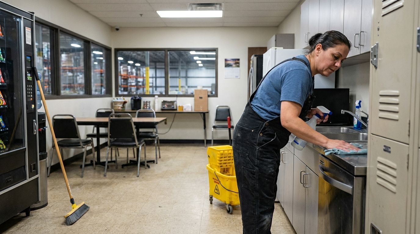 Person in overalls cleans break room sink with tables chairs vending machine and mop nearby