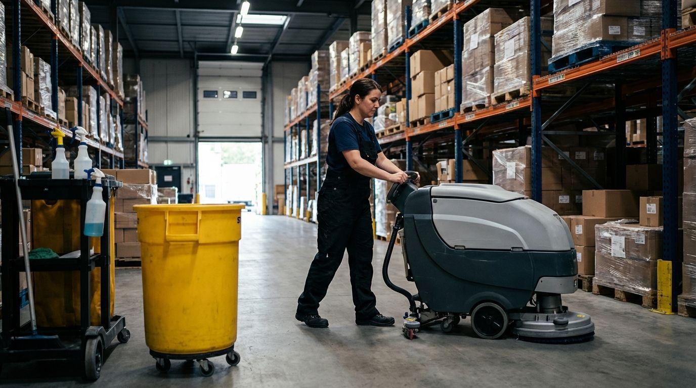 Person operates floor cleaning machine in large warehouse with stacked boxes and cleaning cart nearby