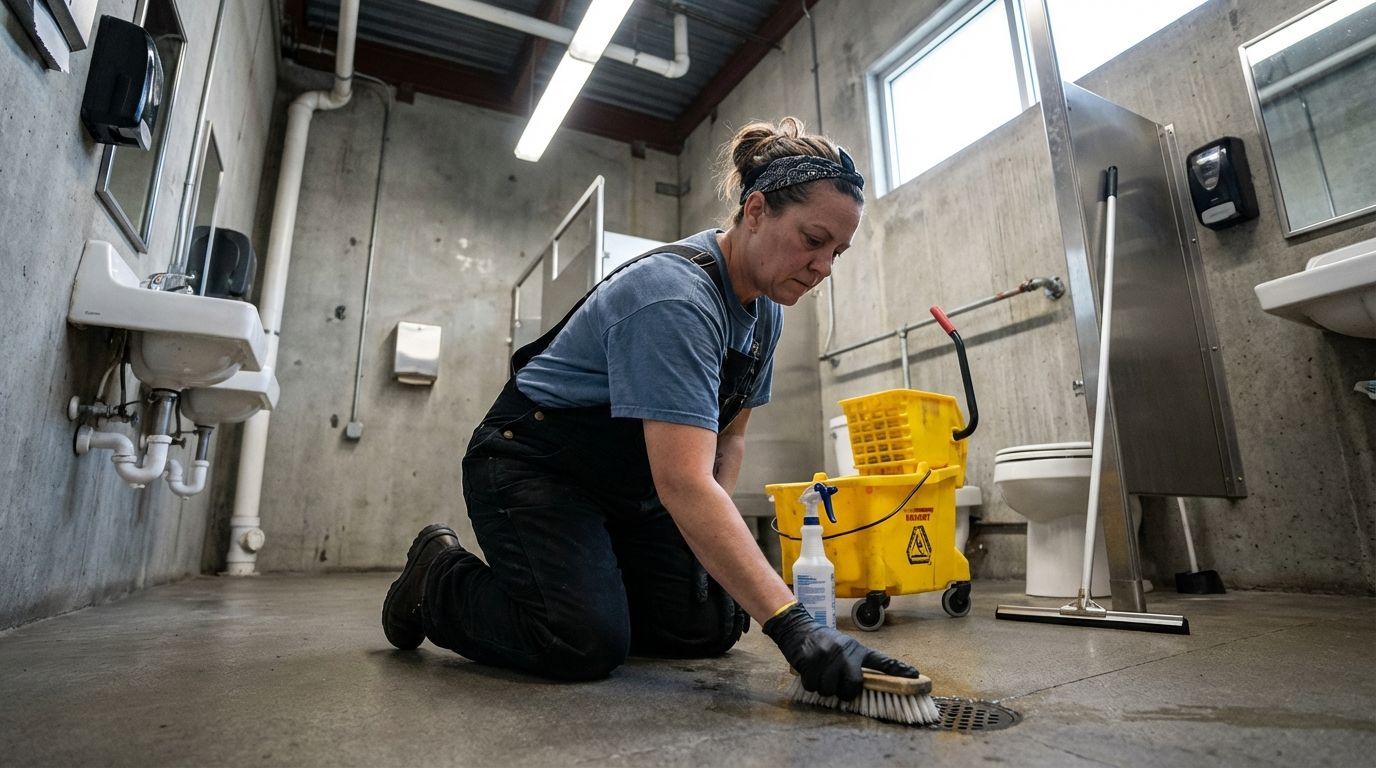 Woman in overalls and gloves cleans bathroom floor with brush beside mop bucket and supplies under bright light