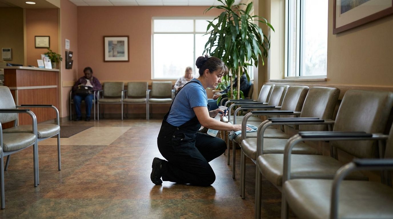 Woman in work attire kneels cleaning chairs in bright waiting room with people seated creating calm orderly atmosphere