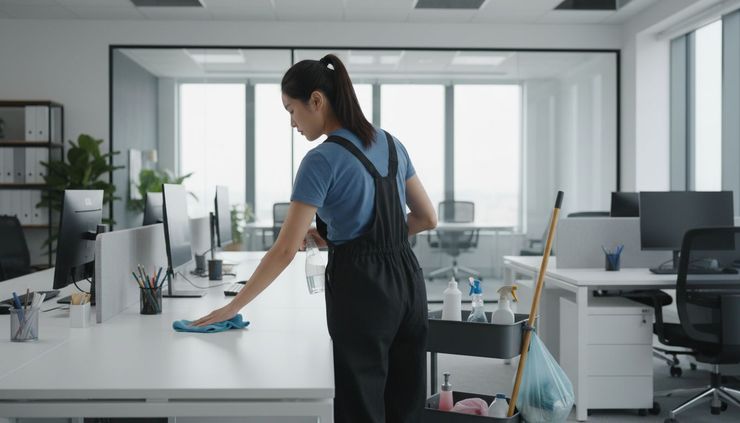 Worker cleans modern office desk with cloth and spray beside cleaning cart in bright workspace