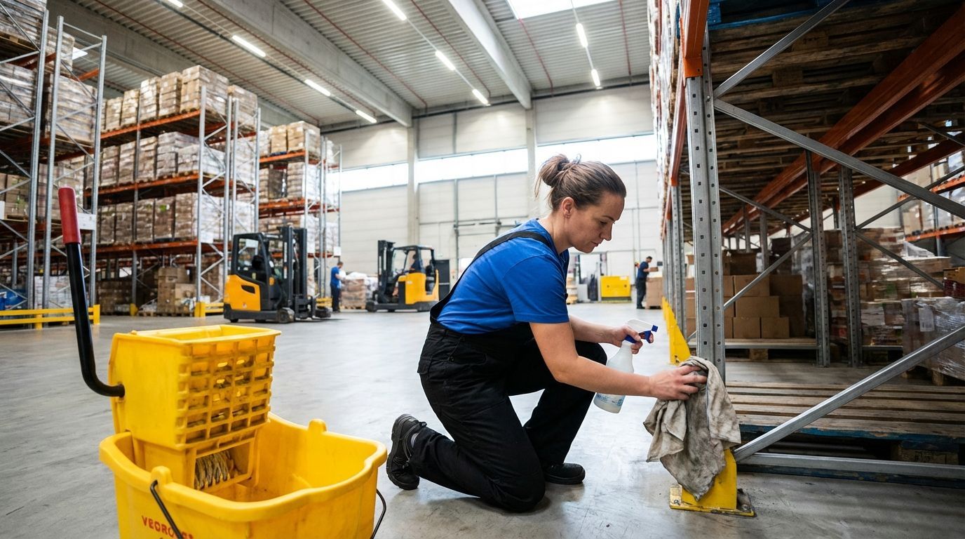 Worker in blue shirt kneels cleaning warehouse metal beam with spray cloth near shelves bucket