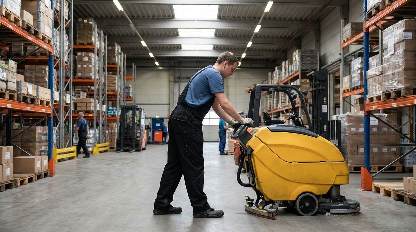 Worker in blue shirt operates yellow floor scrubber in large warehouse with box-filled shelves nearby