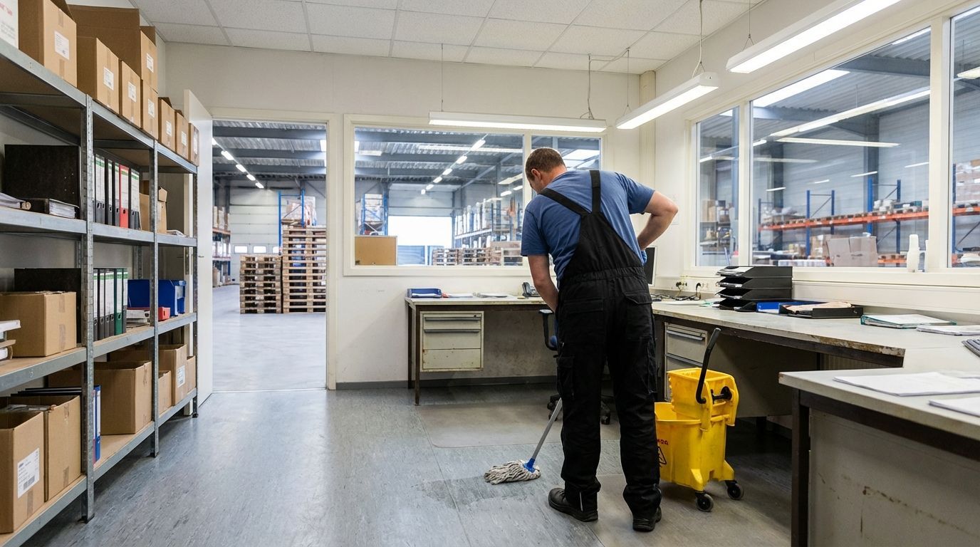 Worker mops floor in bright warehouse office with shelves of files and boxes creating tidy efficient scene