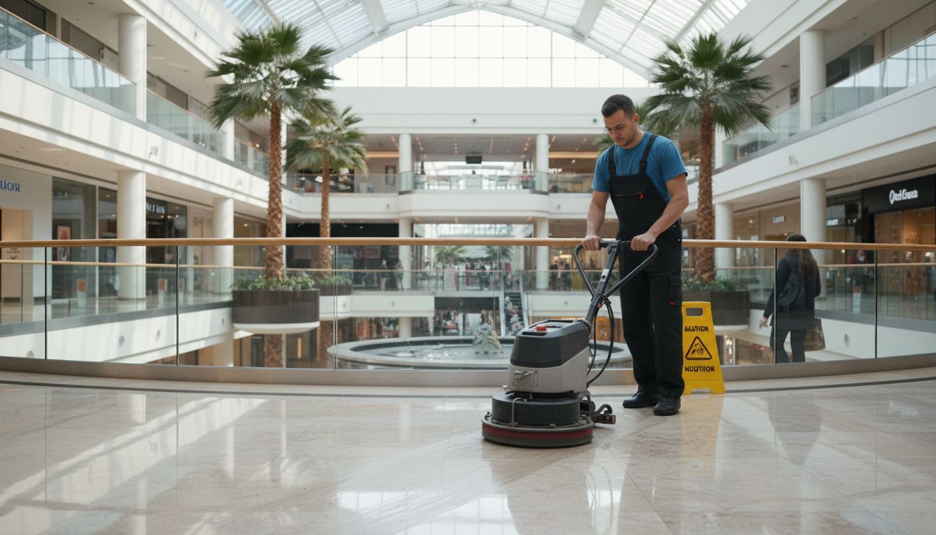 Worker operates floor polisher in bright spacious mall with palm trees glass railings and caution sign nearby
