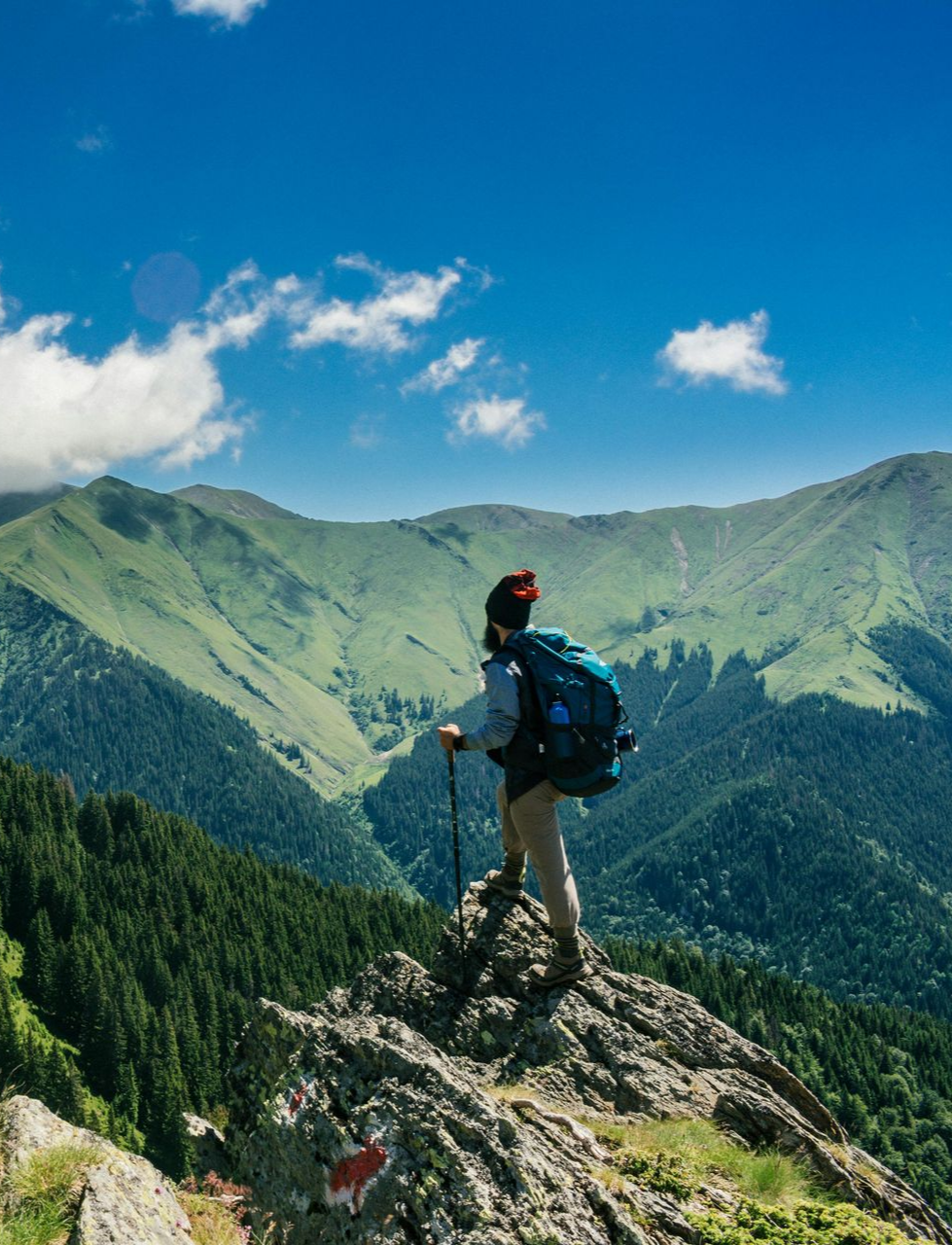 Beach scene: Straw umbrellas and lounge chairs line a sandy shore facing blue sea and sky, small island in the distance.