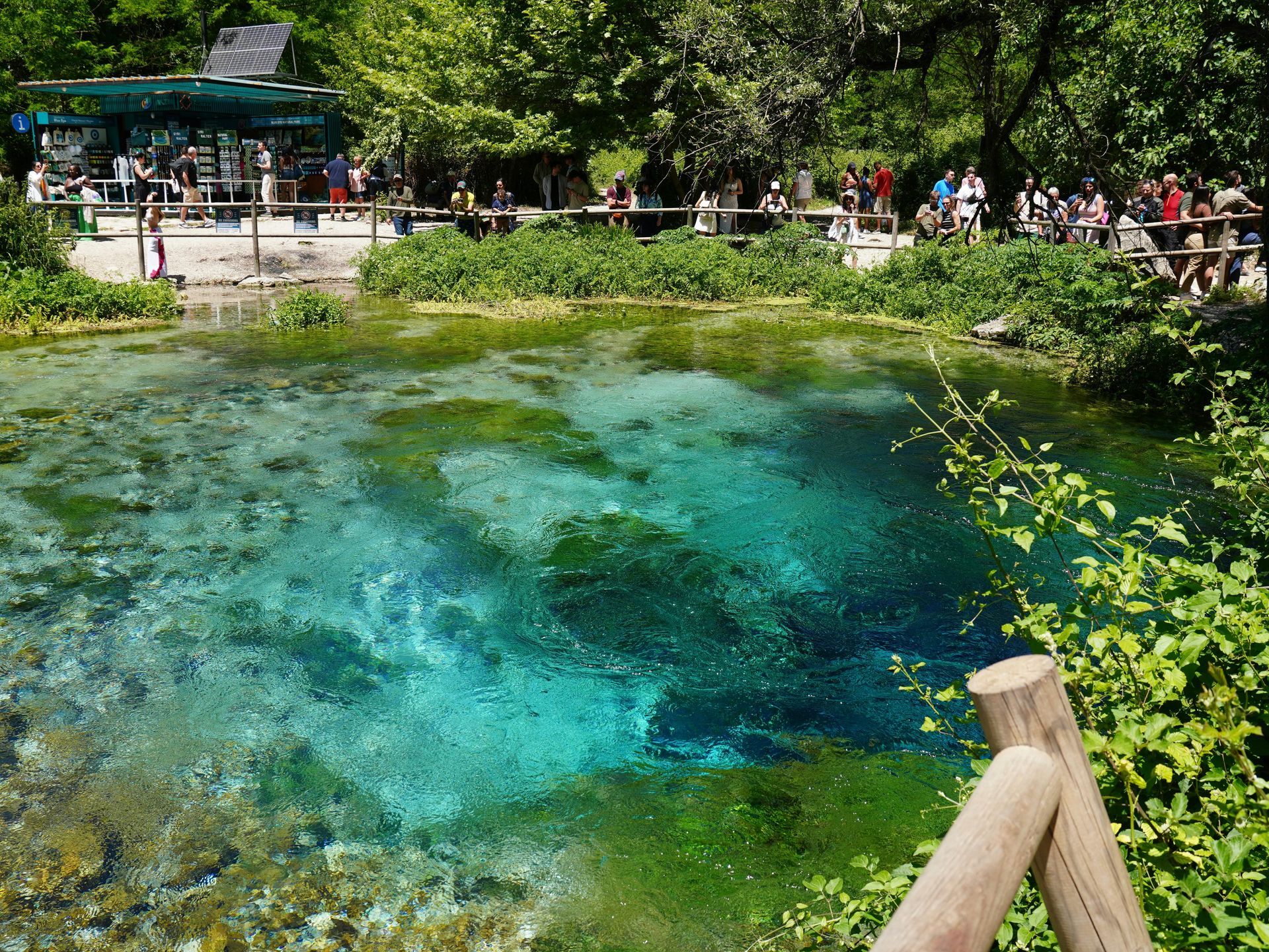 Clear turquoise spring with a dark blue center, surrounded by greenery and a wooden walkway with people.