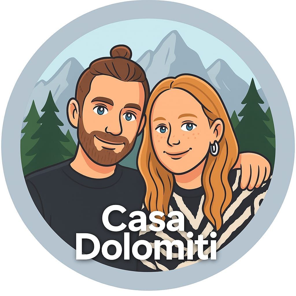 Cartoonpaar lachend voor bergen en bomen. Tekst 