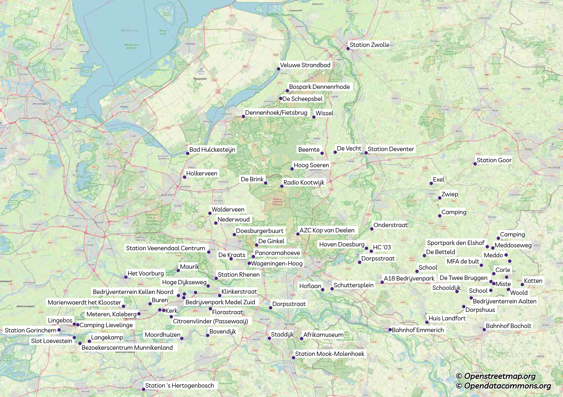 Alle nieuwe haltetaxi-haltes aangegeven een kaart van Gelderland