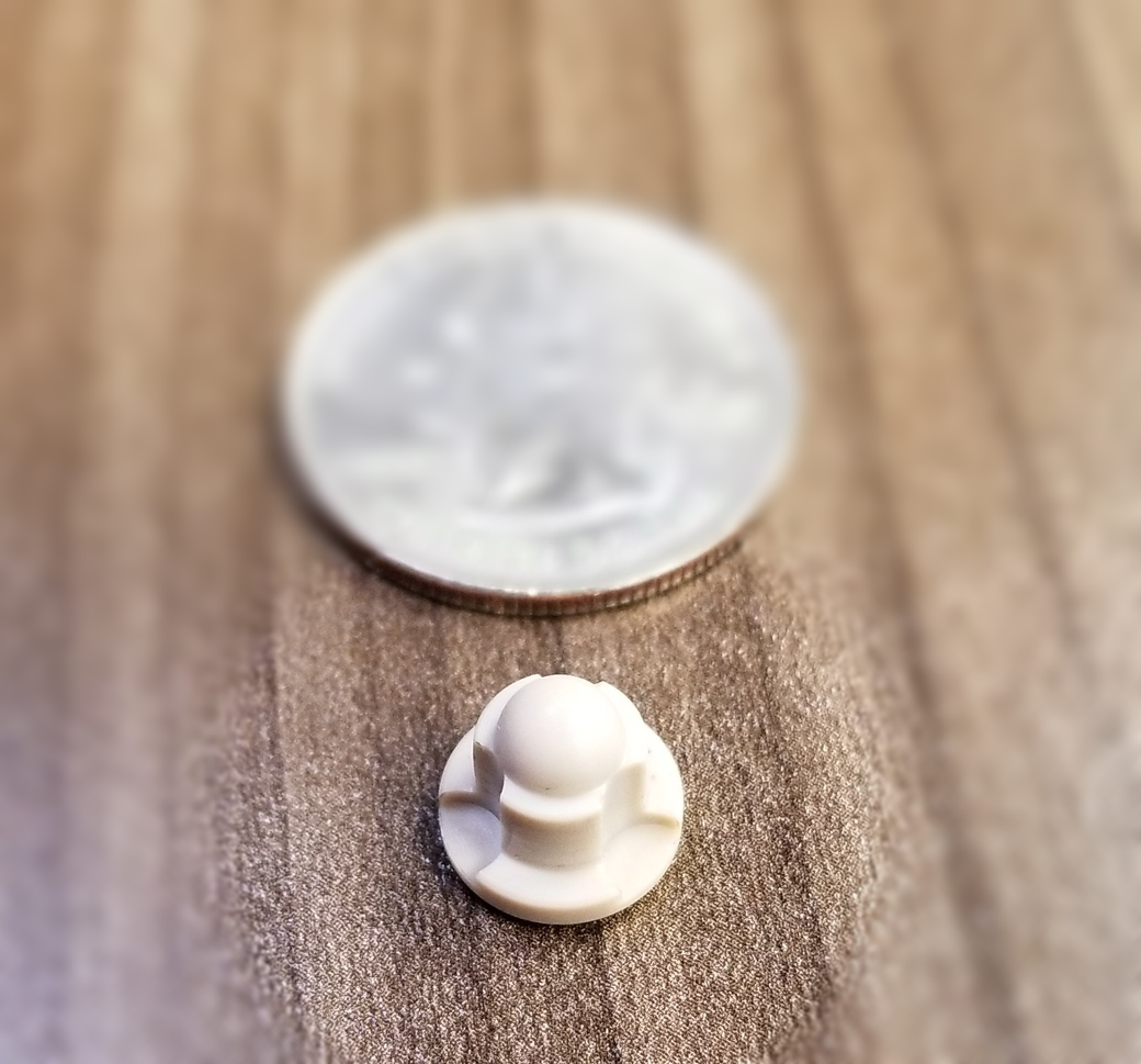 A small white object is next to a quarter on a wooden table