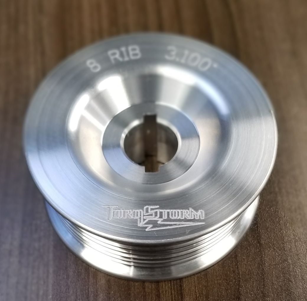 A close up of a pulley that says 8 rib on it