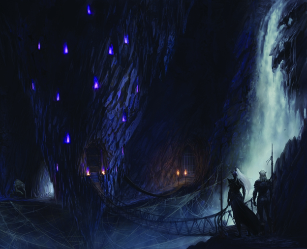A group of people are standing in a dark cave with a waterfall in the background.