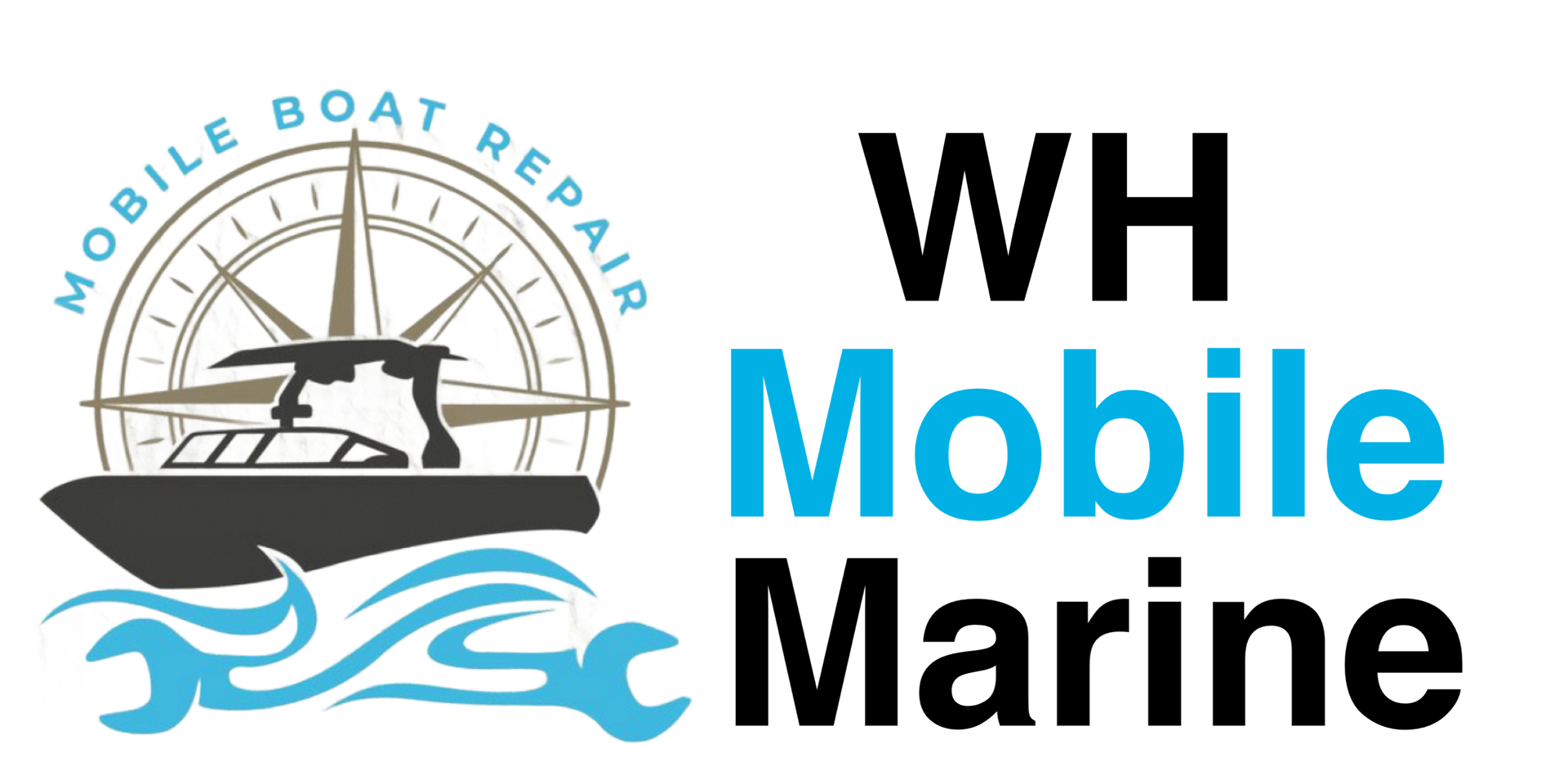 Logo for WH Mobile Marine, featuring a boat, compass, wrenches, and text.