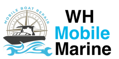 Logo for WH Mobile Marine, featuring a boat, compass, wrenches, and text.