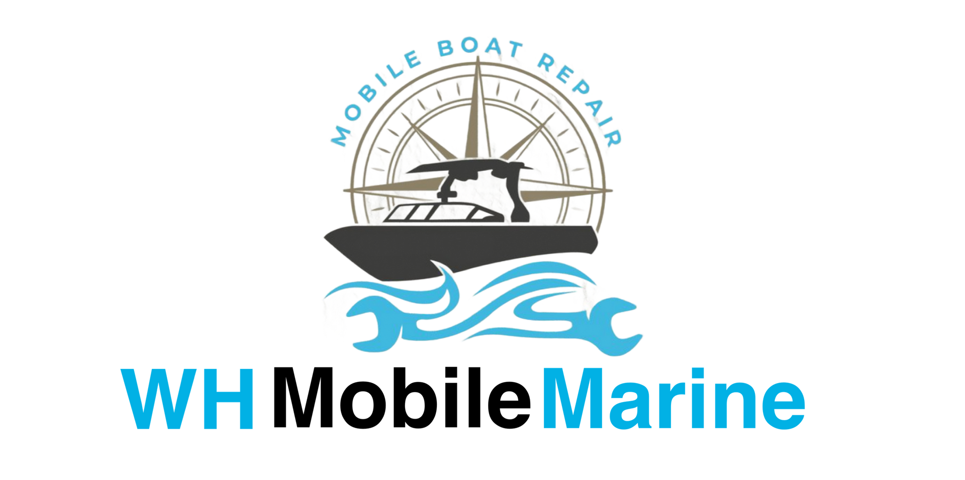 Logo for WH Mobile Marine, a boat repair service. A boat, wrench, and compass are featured in the design.