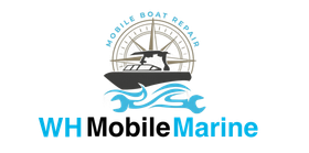 Logo for WH Mobile Marine, a boat repair service. A boat, wrench, and compass are featured in the design.