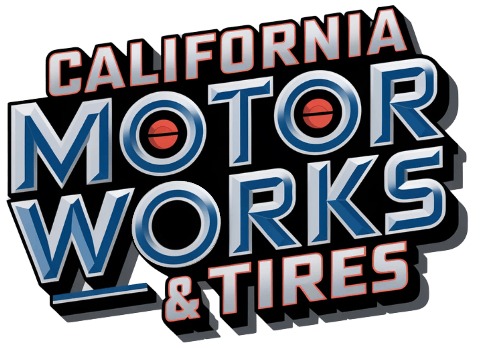 California Motor Works & Tires logo with blue and white text and a car symbol.