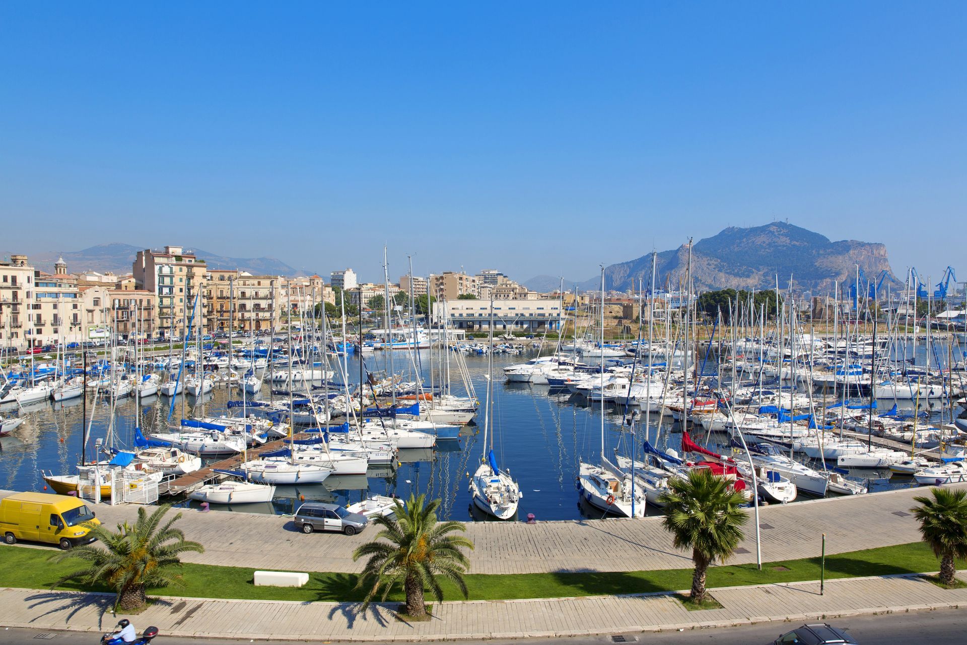 Porto pieno di barche a vela, edifici cittadini, palme e montagne sullo sfondo sotto un cielo azzurro.