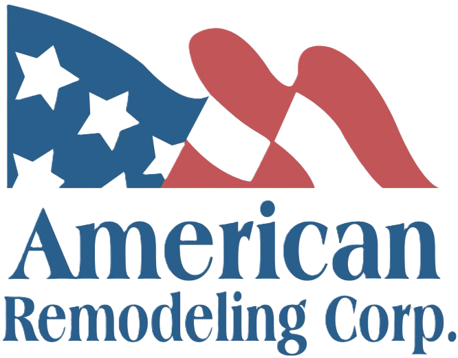 A logo for american remodeling corp. with an american flag