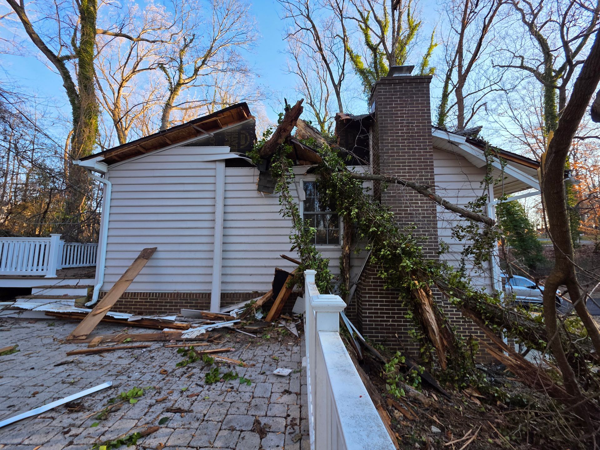 Tree Damaged Roof in Arnold Maryland. Insurance Specialist Roofing Company Public Adjusters Siding Roof Deck Damage