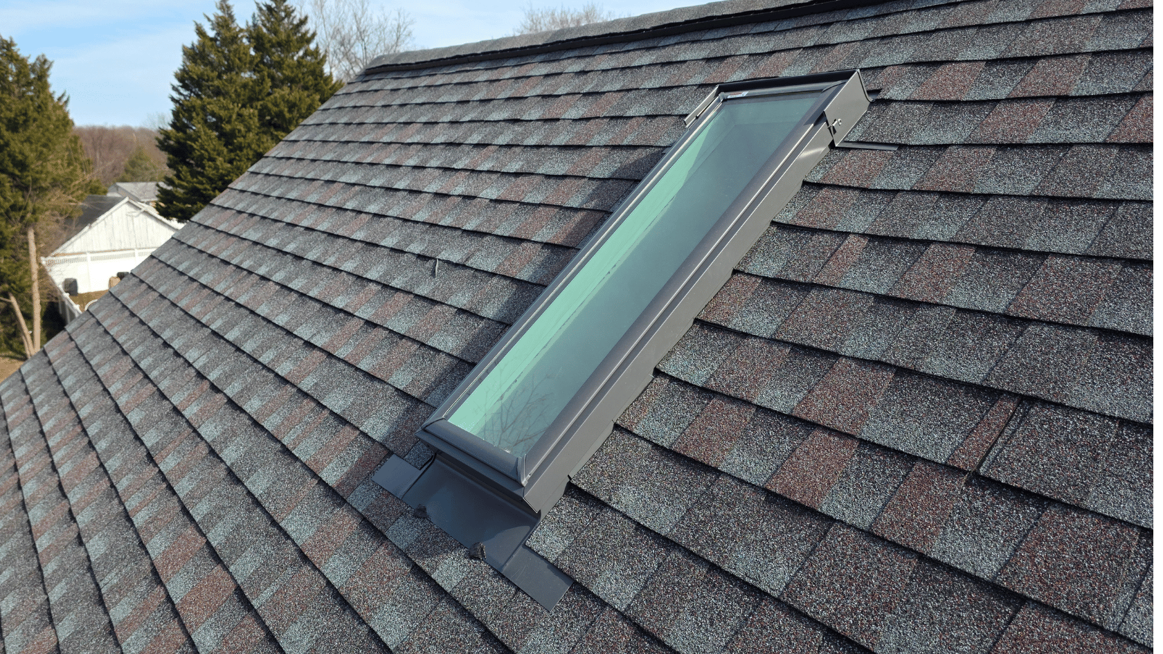 Residential Roof Replacement Asphalt Shingle GAF Roof Install in Columbia Maryland Howard County Skylights
