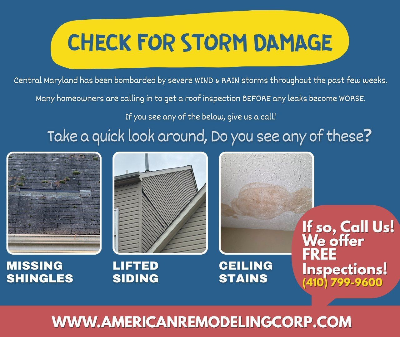 Storm Damage Checklist Post for American Remodeling Corp. Roof Damage Insurance Specialists in Maryland Public Adjuster
