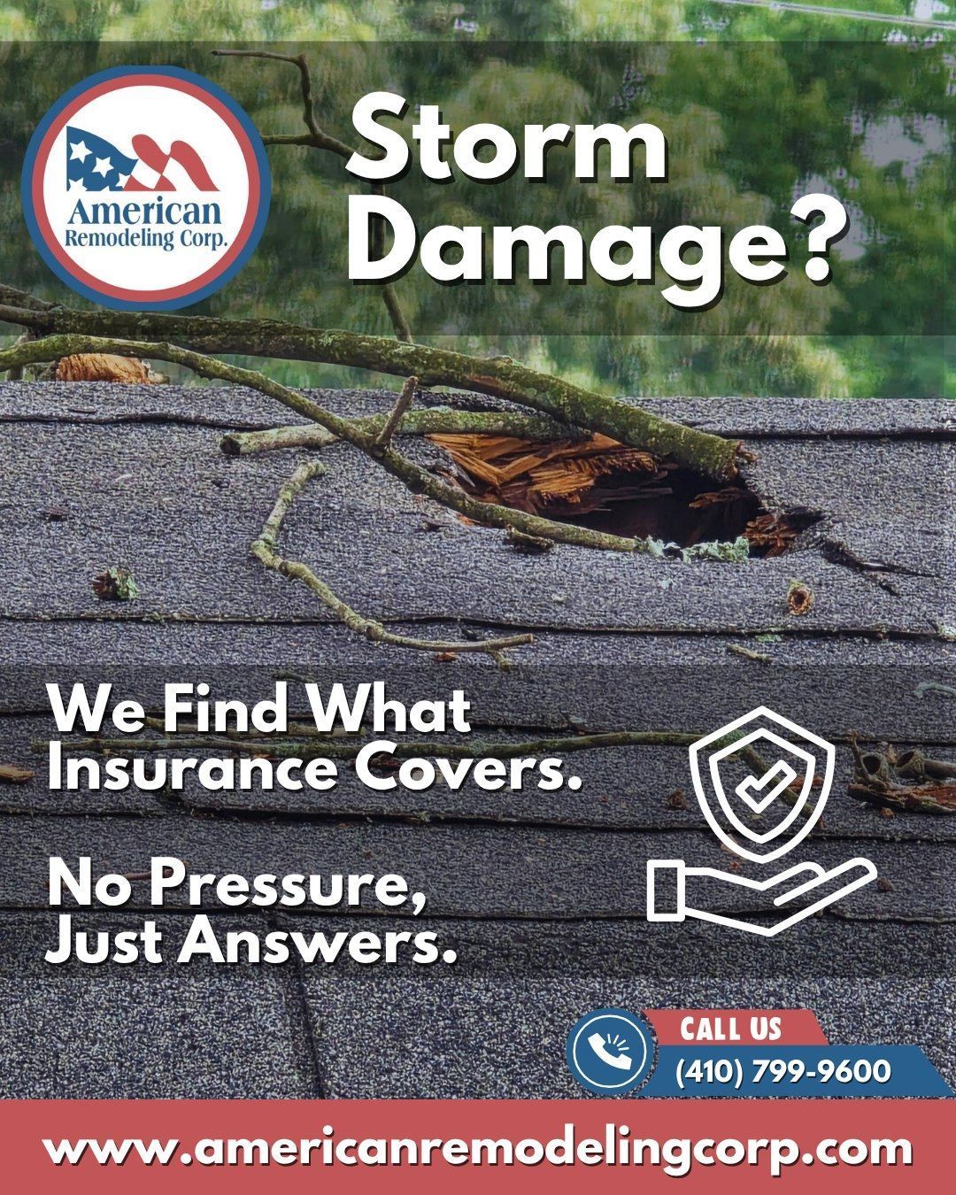 Social Media post from American Remodeling Corp. Storm Damage awareness Residential Roof Replacements in Maryland