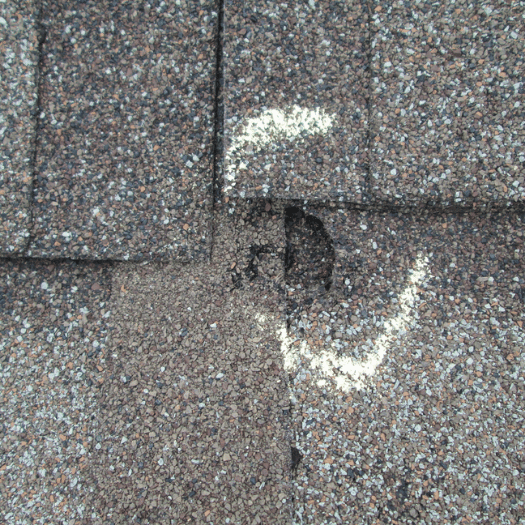 Insurable Hail Damage on Roof in Central Maryland covered by American Remodeling Corp.
