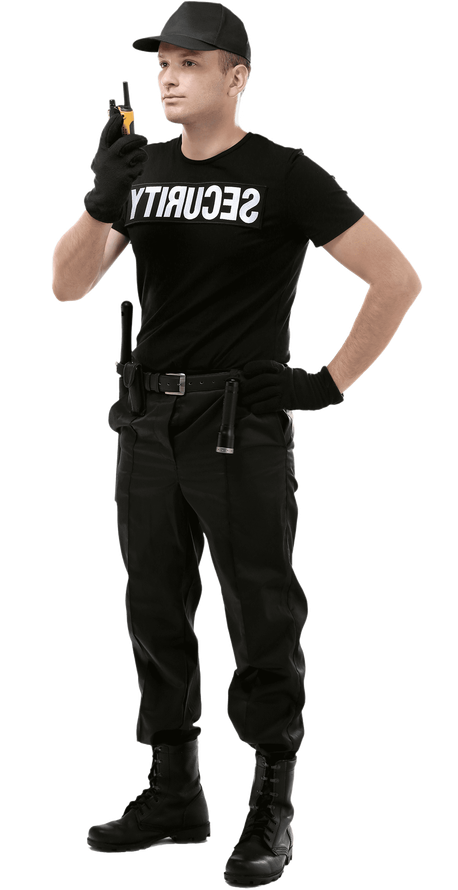 A man in a black shirt is talking on a walkie talkie.