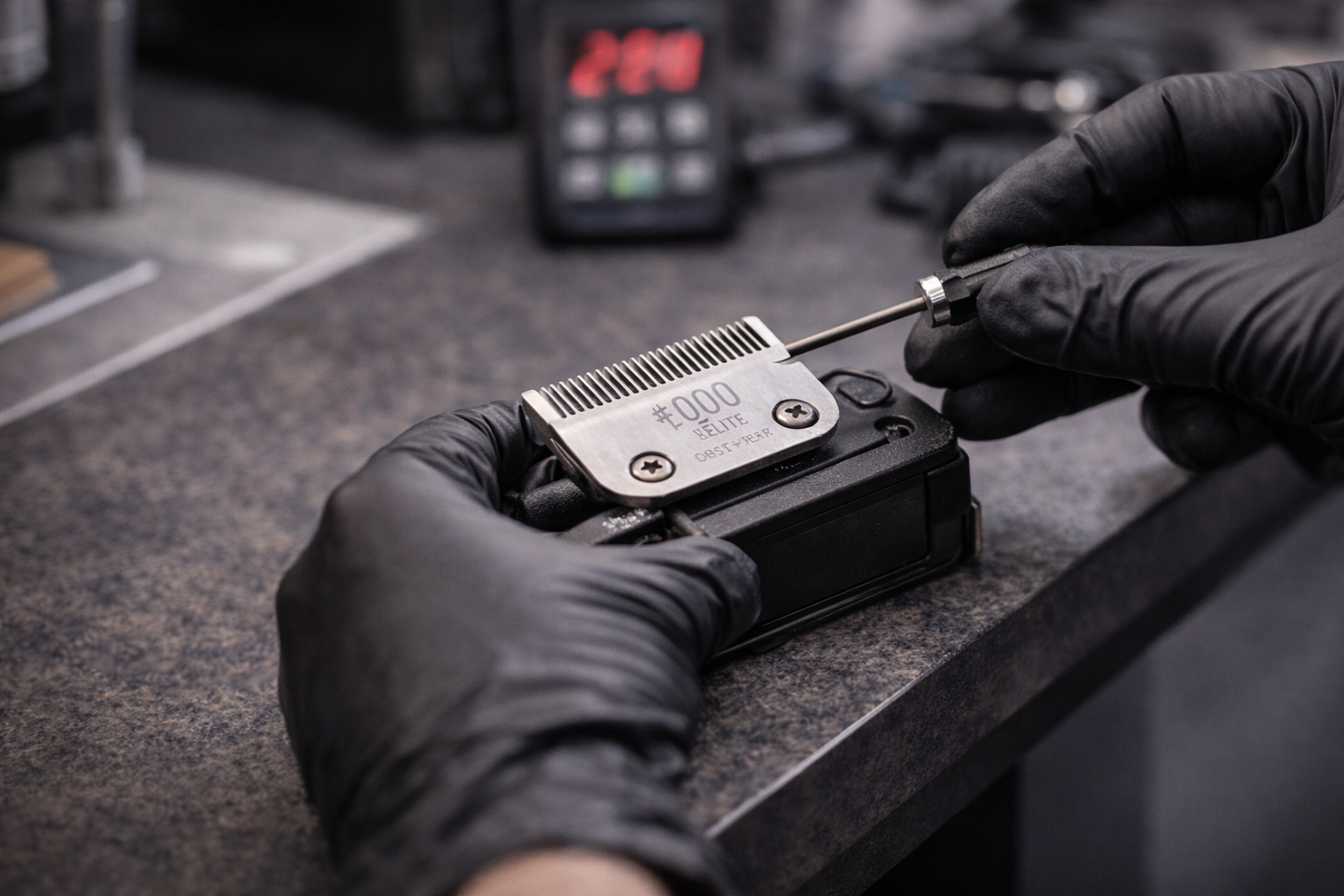 Person in black gloves assembling clipper blade on a table.