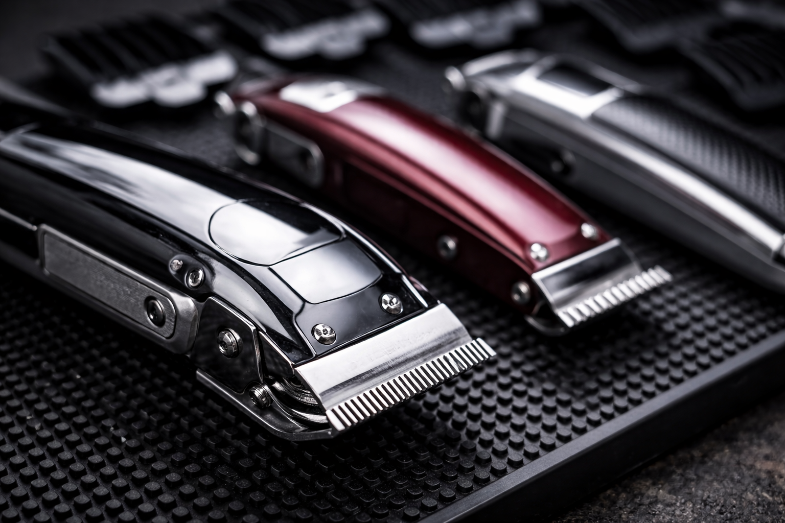 Close-up of three barber clippers in black, burgundy, and silver on a dark surface.