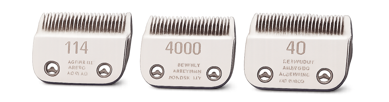 Three silver clipper blades with differing numbers: 114, 4000, and 40.