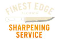 Logo for Finest Edge Sharpening Service, Florida, with a knife illustration in cream and grey.