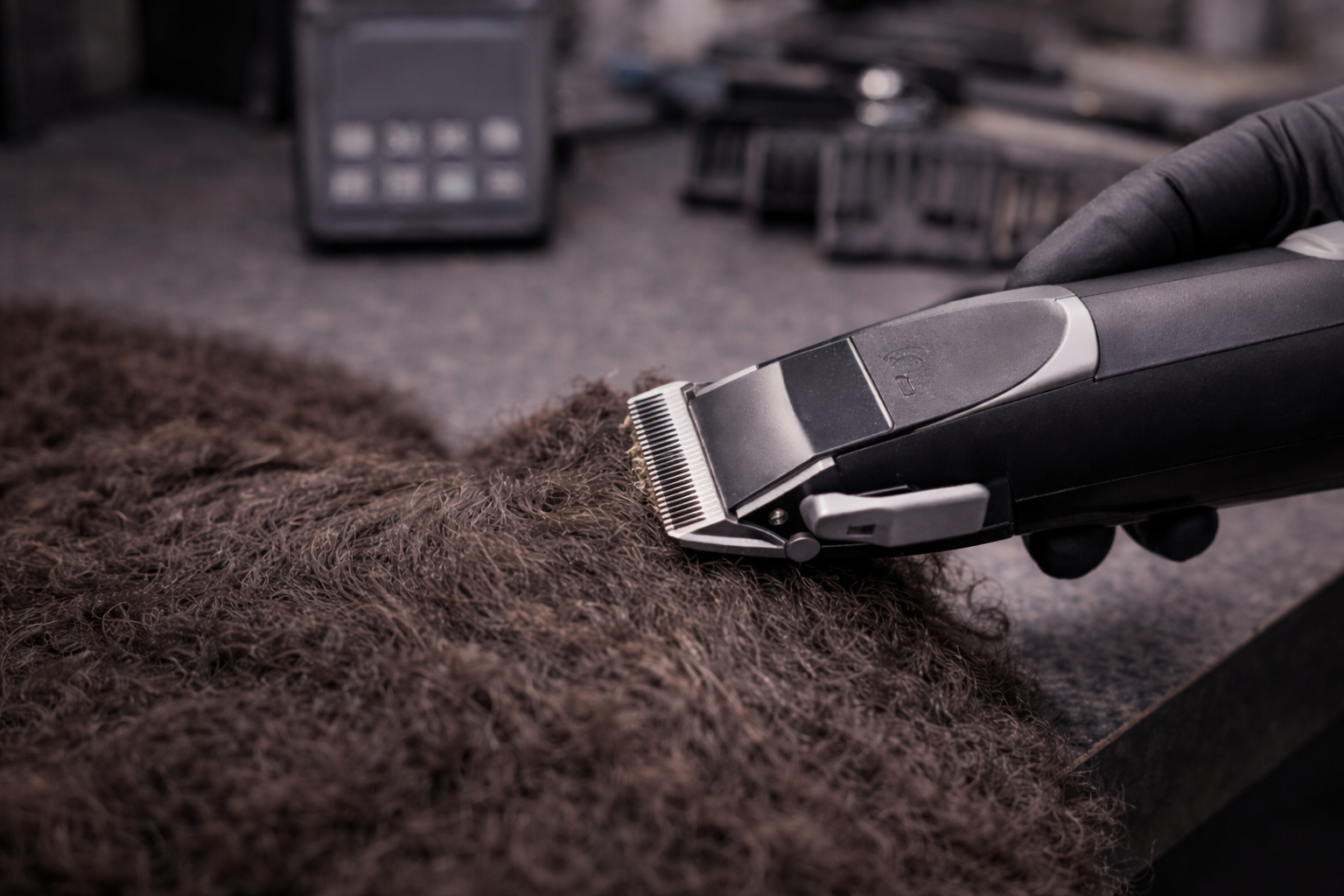 Gloved hand using hair clippers on dark brown hair.