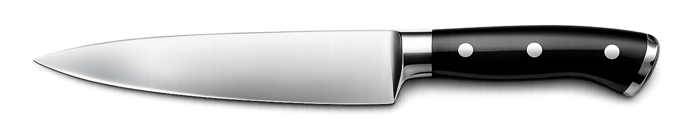 Chef's knife with a black handle and a silver blade, lying horizontally.
