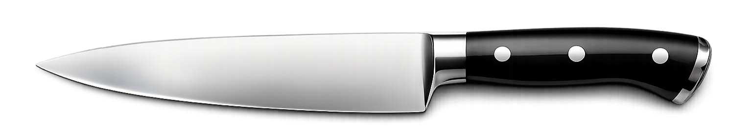 Chef's knife with a black handle and a silver blade, lying horizontally.