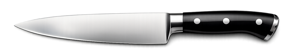 Chef's knife with a black handle and a silver blade, lying horizontally.