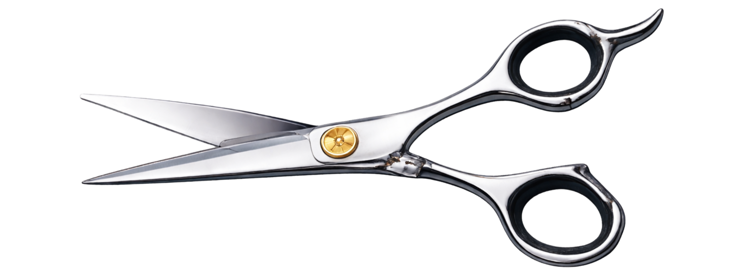 Chef's knife with a black handle and a silver blade, lying horizontally.