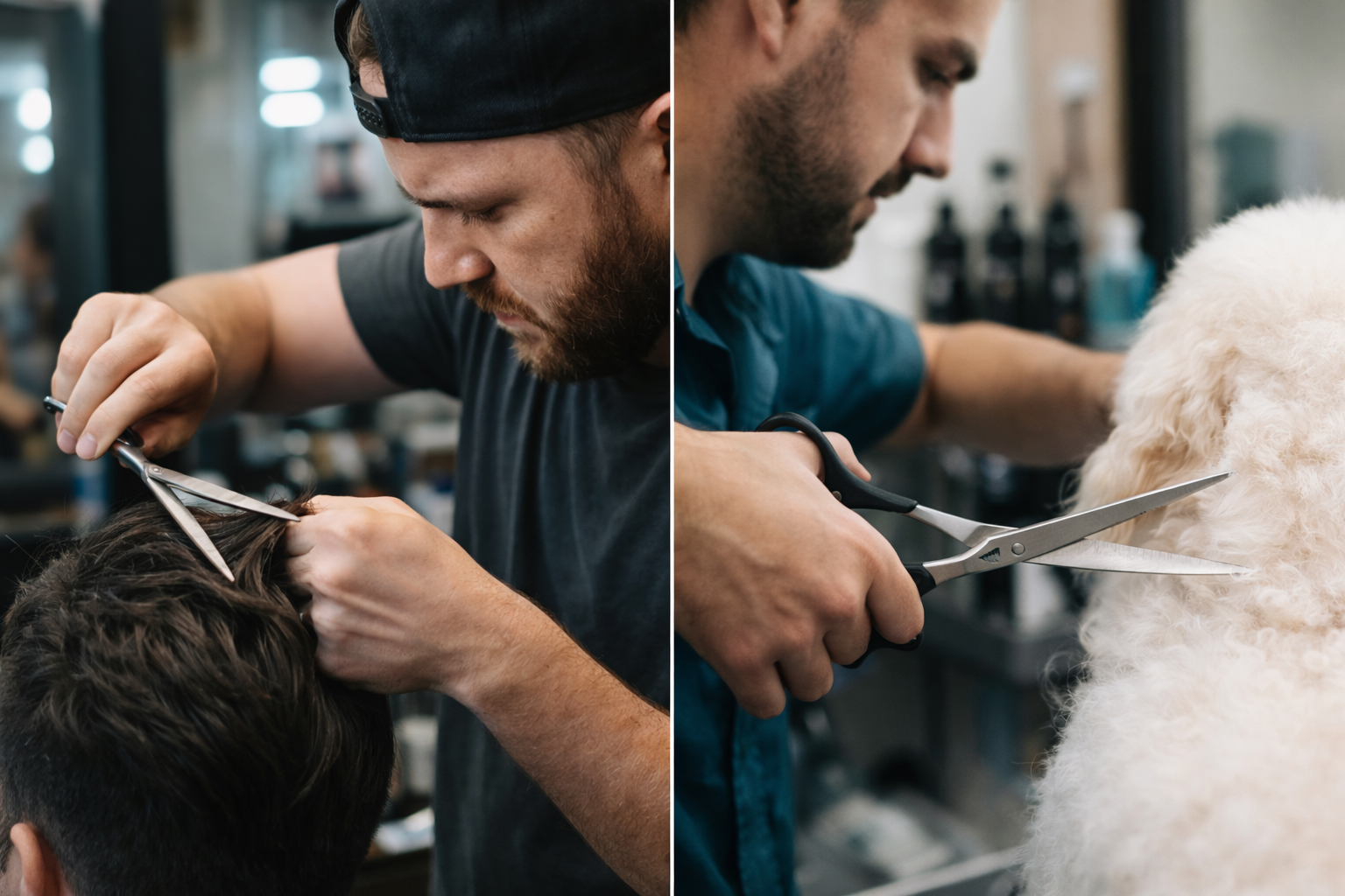 Man cutting hair with scissors: human in barbershop, dog at groomer.