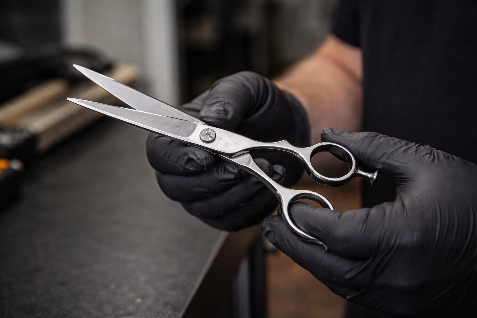 Hands in black gloves holding open silver hairdressing scissors.