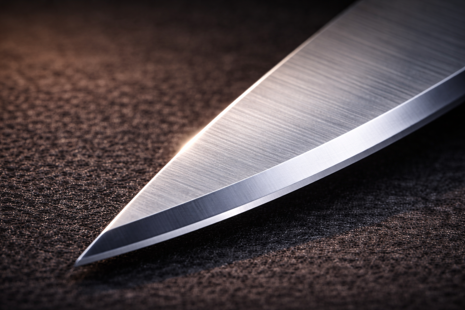 Close-up of a sharp, silver kitchen knife blade on a dark textured surface.