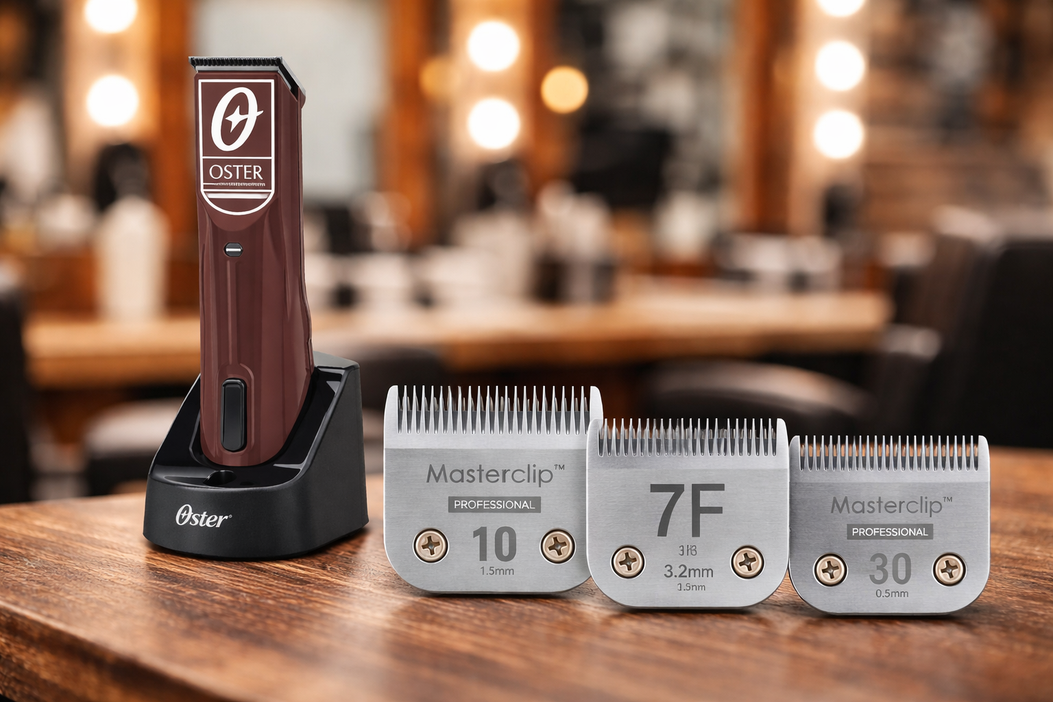 Hands applying lubricant to a hair clipper blade on a wooden table.