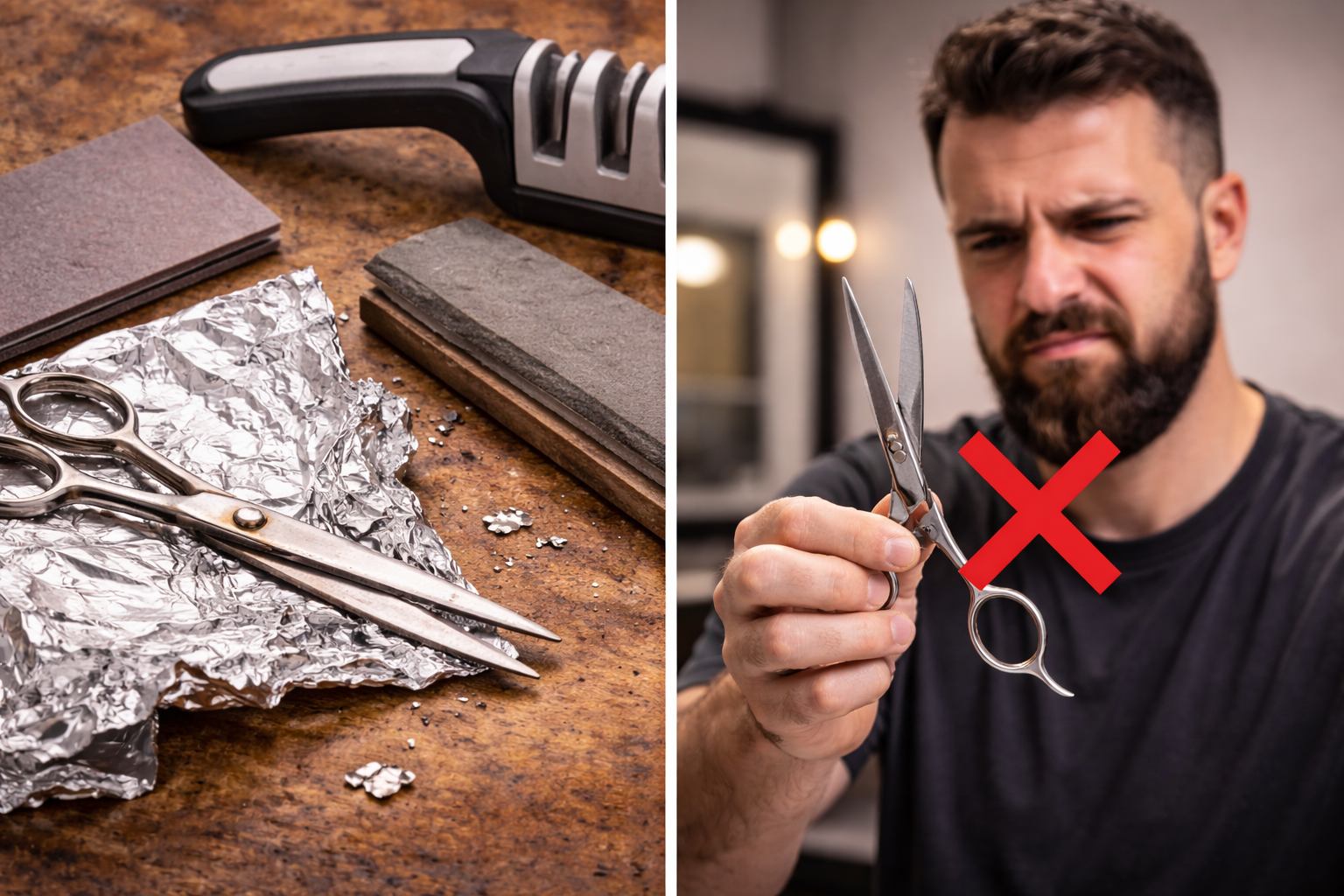 Left: Scissors with sharpening tools and foil. Right: Man with a sad expression holding dull scissors.