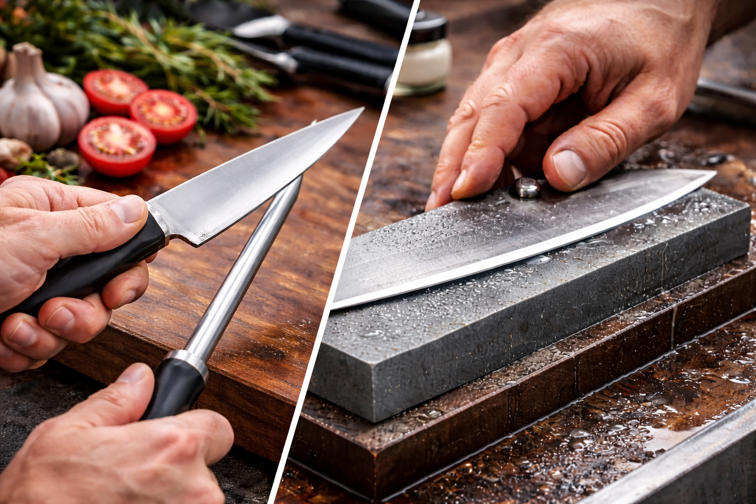 Chef sharpening a knife with a honing steel (left) and a whetstone (right) in a kitchen setting.