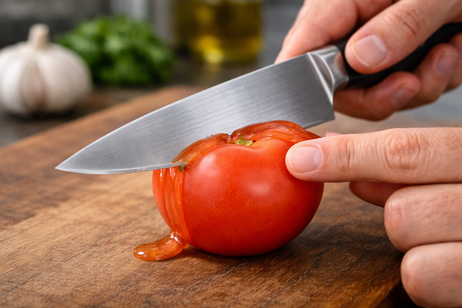 Hand slicing a red tomato on a wooden cutting board with a silver knife; garlic, herbs, and oil visible in the background.