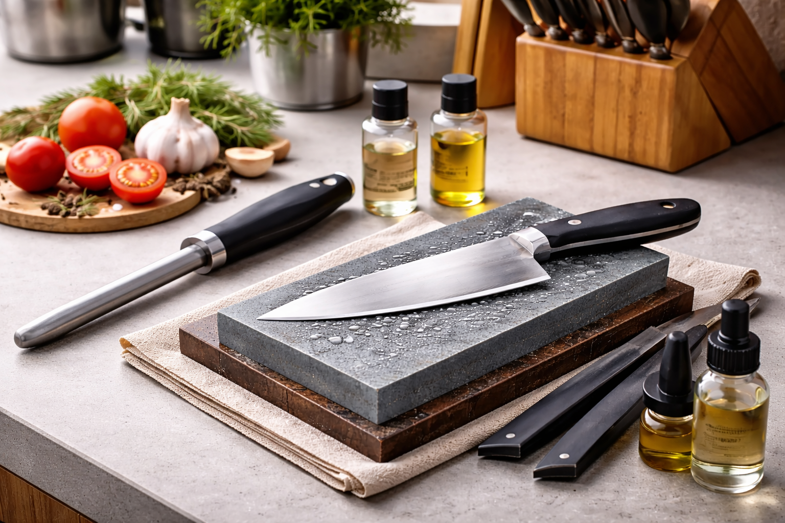 Chef's knife on sharpening stones with oil bottles, tomatoes, garlic, and herbs on a countertop.