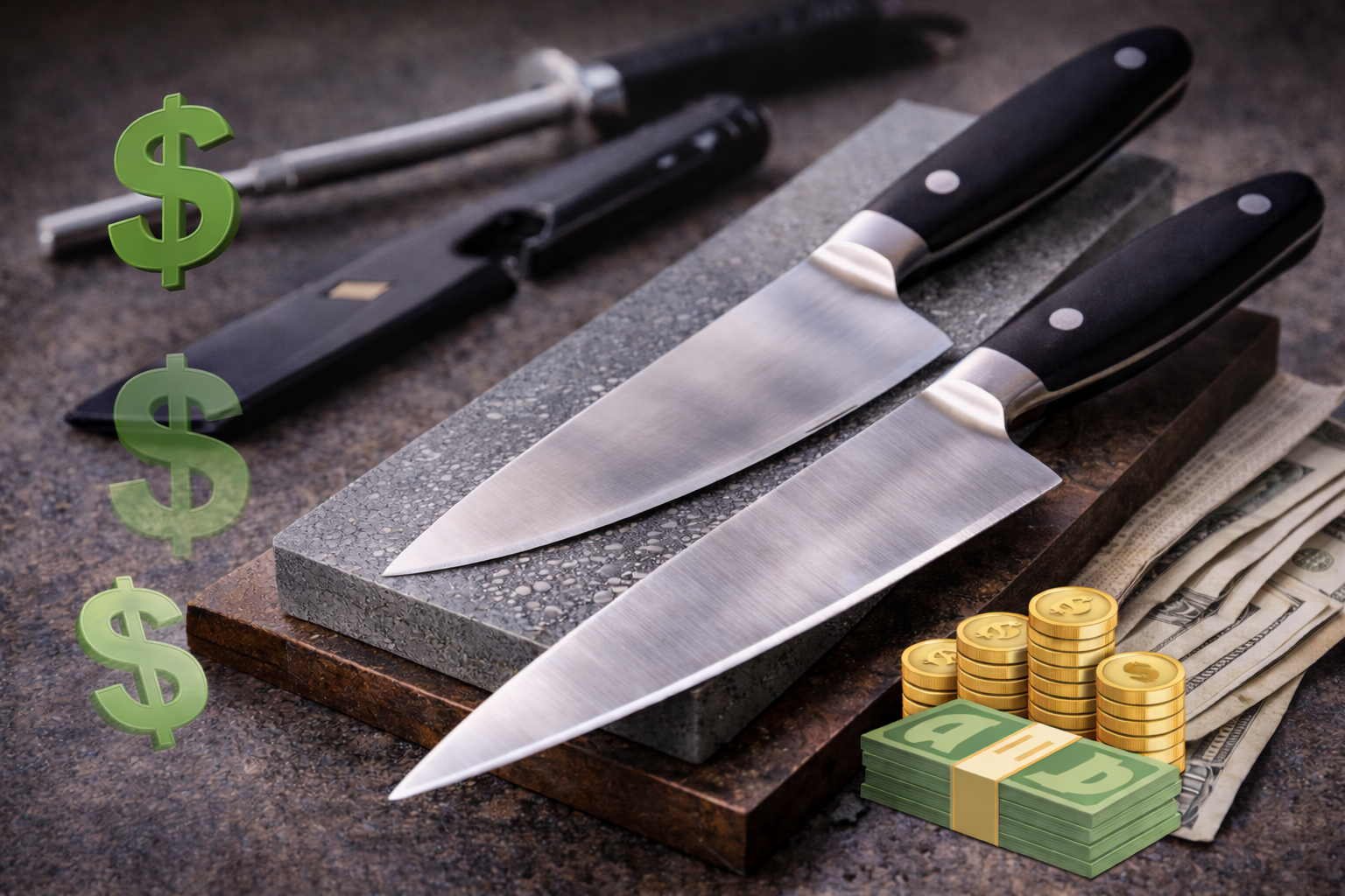 Knives on sharpening stones with cash and money symbols, suggesting a culinary investment.