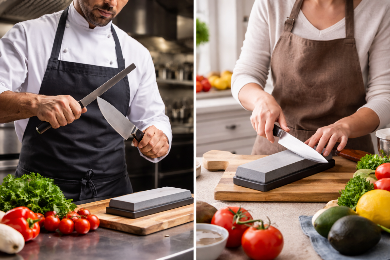 Two chefs sharpening knives on a whetstone, one in a kitchen, another in a home setting, surrounded by vegetables.